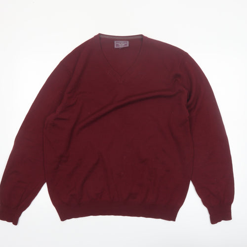 John Lewis Men Red 2XL V-Neck Pure Merino Wool Jumper