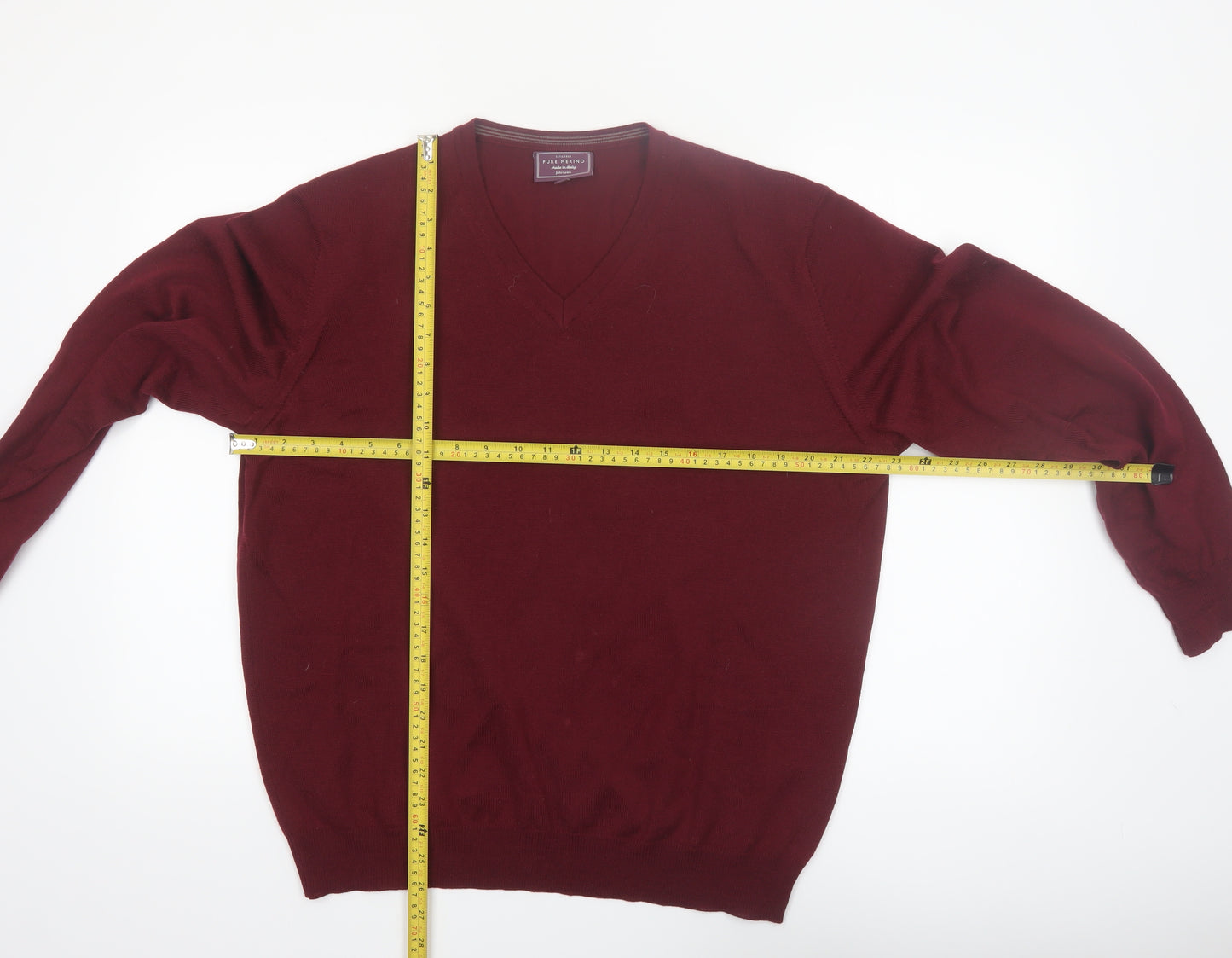 John Lewis Men Red 2XL V-Neck Pure Merino Wool Jumper