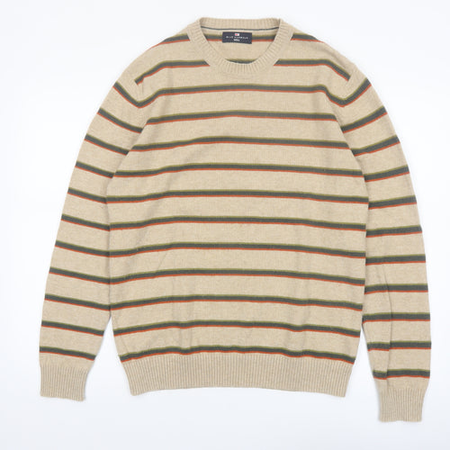 Marks and Spencer Men's Beige Striped Wool Crew Neck Jumper M
