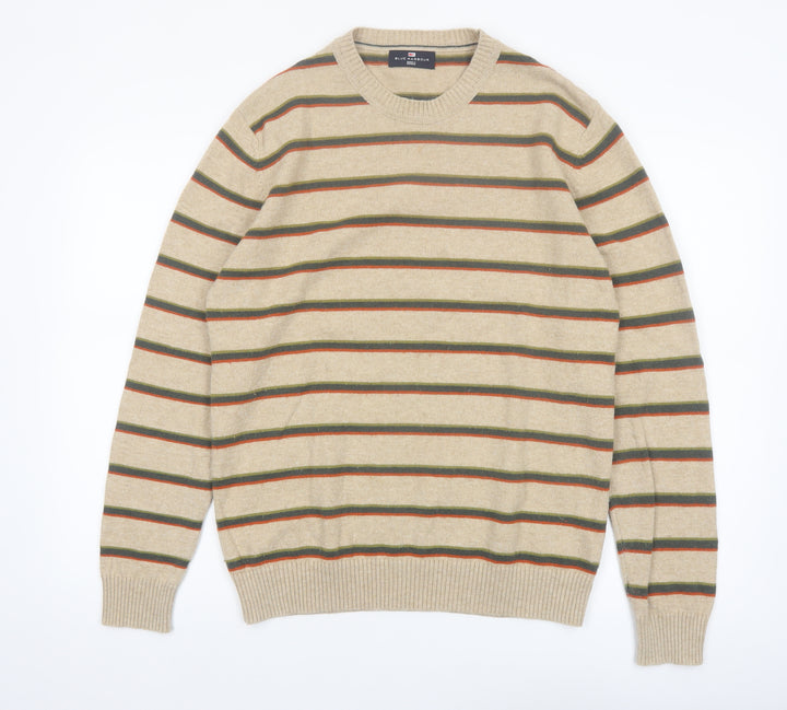 Marks and Spencer Men's Beige Striped Wool Crew Neck Jumper M