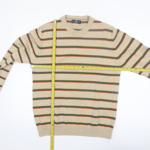 Marks and Spencer Men's Beige Striped Wool Crew Neck Jumper M