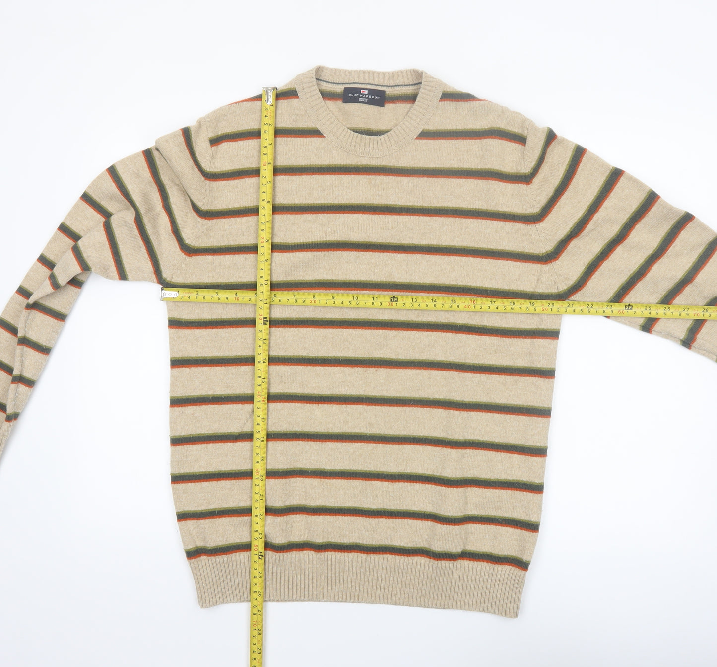 Marks and Spencer Men's Beige Striped Wool Crew Neck Jumper M