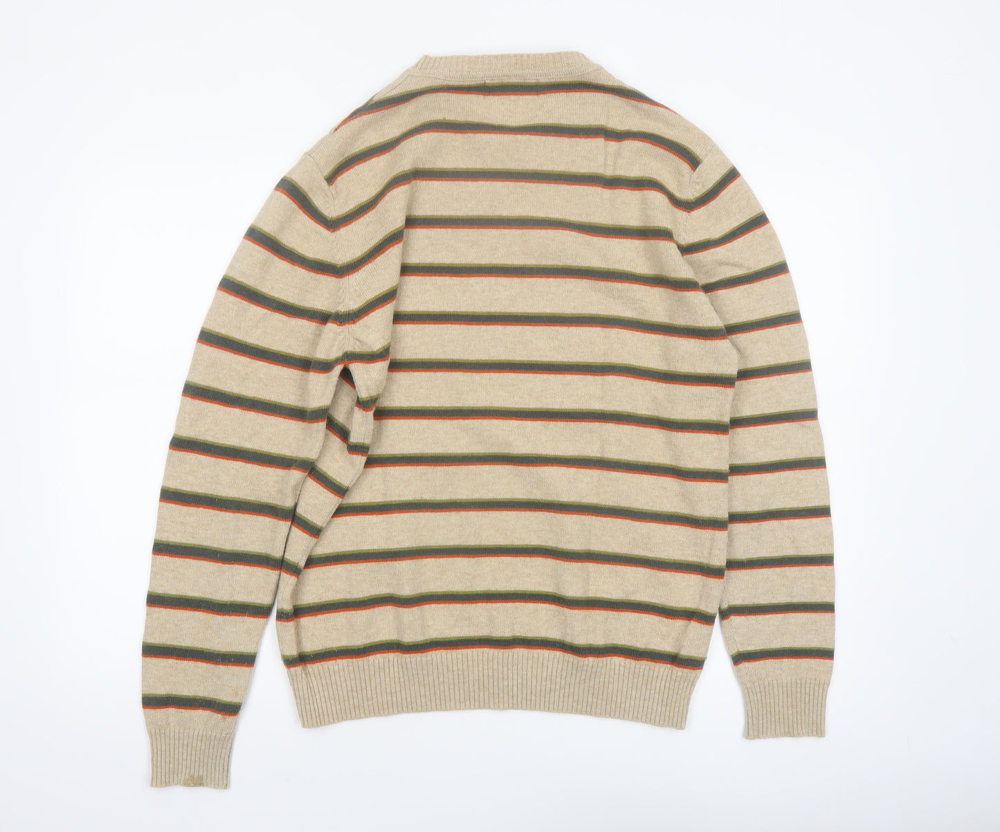 Marks and Spencer Men's Beige Striped Wool Crew Neck Jumper M
