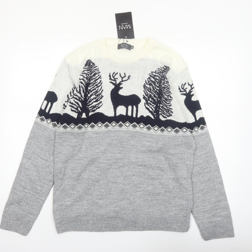 boohooMAN Men's Grey XL Pullover Christmas Reindeer Knit Jumper
