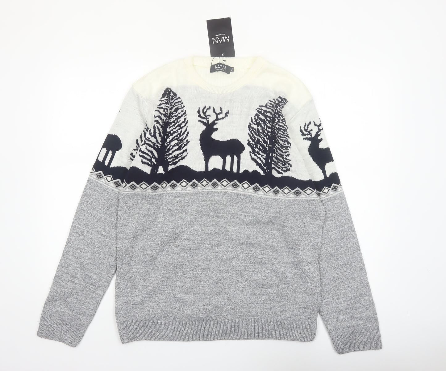 boohooMAN Men's Grey XL Pullover Christmas Reindeer Knit Jumper