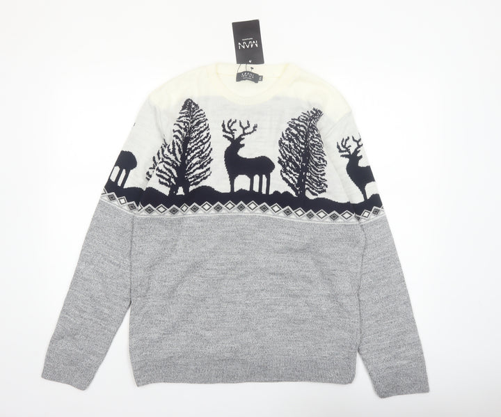boohooMAN Men's Grey XL Pullover Christmas Reindeer Knit Jumper