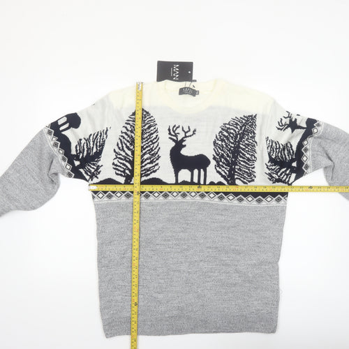 boohooMAN Men's Grey XL Pullover Christmas Reindeer Knit Jumper