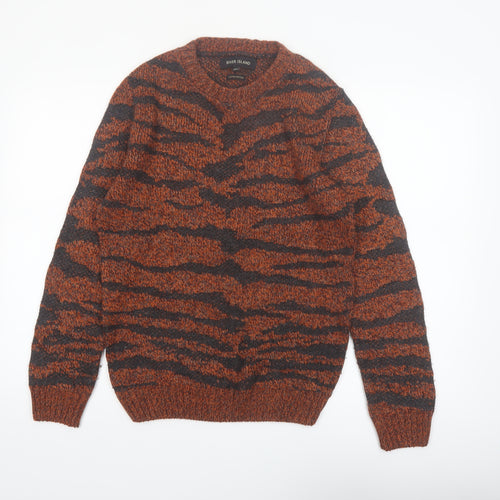 River Island Men's Brown Animal Print Chunky Knit Jumper XS