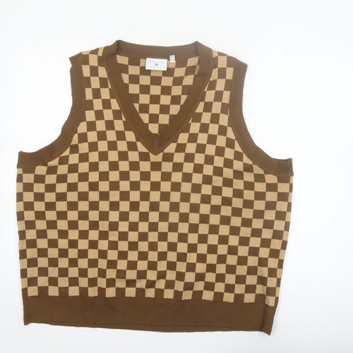 Daisy Street Women's Brown Check V-Neck Sleeveless Knit Vest Size 24