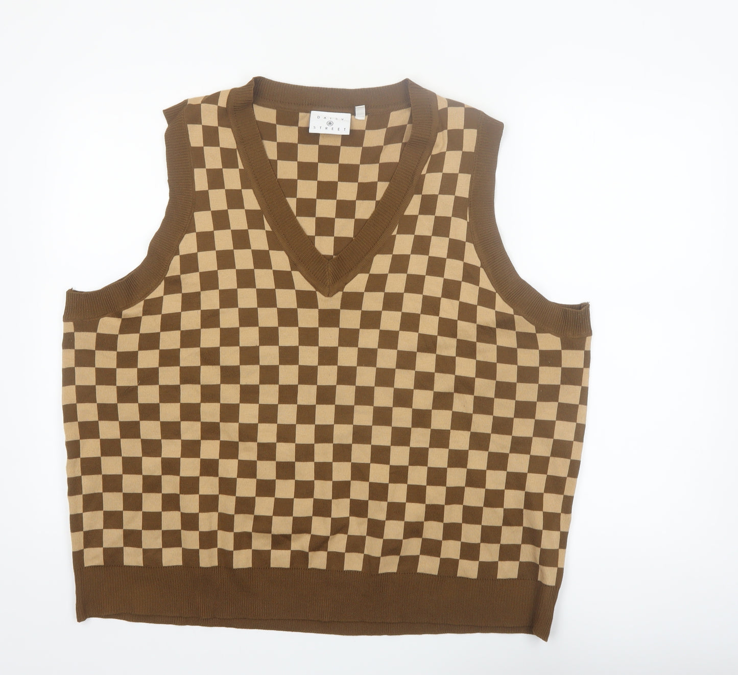 Daisy Street Women's Brown Check V-Neck Sleeveless Knit Vest Size 24