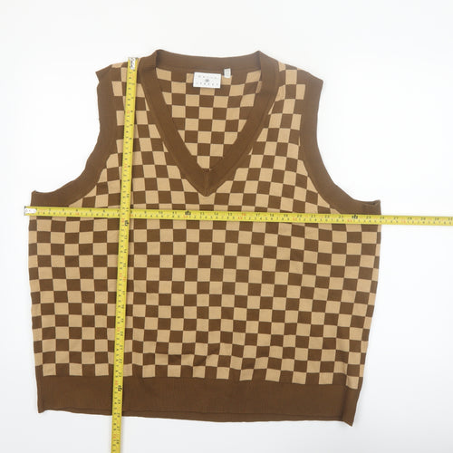 Daisy Street Women's Brown Check V-Neck Sleeveless Knit Vest Size 24