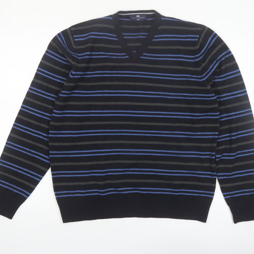 Marks and Spencer Mens Navy Mix V-Neck Striped Jumper Medium