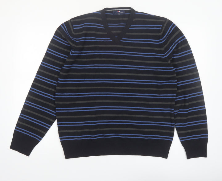 Marks and Spencer Mens Navy Mix V-Neck Striped Jumper Medium