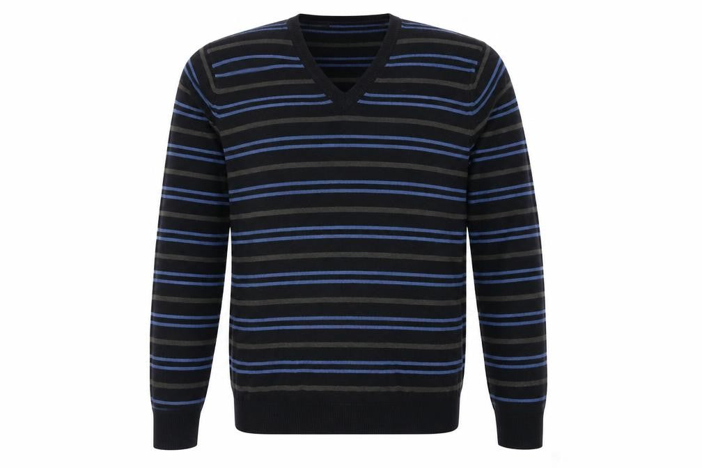 Front view of Marks & Spencer men’s navy mix v-neck striped jumper medium