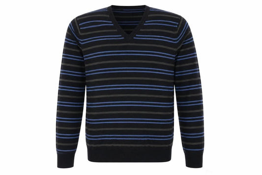 Front view of Marks & Spencer men’s navy mix v-neck striped jumper medium