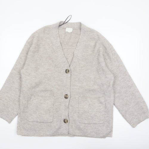 H&M Women Beige Cardigan Medium Wool Blend V-Neck Long Sleeve