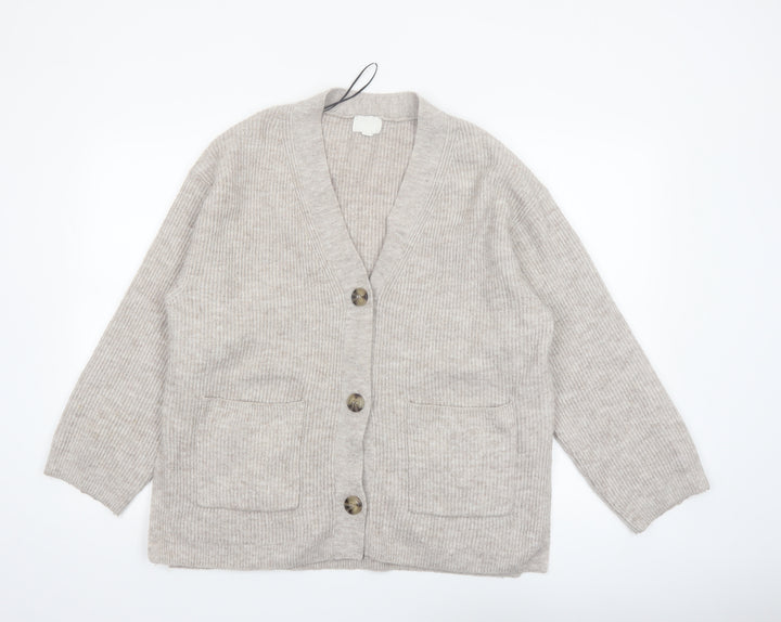 H&M Women Beige Cardigan Medium Wool Blend V-Neck Long Sleeve