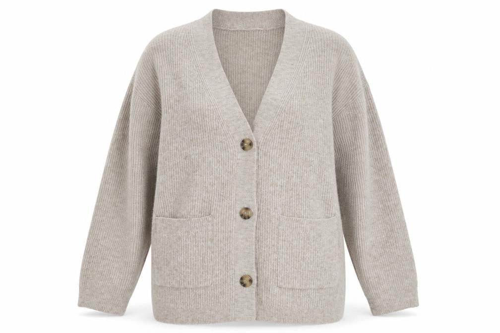 Front view of H&M Women Beige Cardigan Medium Wool Blend V-Neck Long Sleeve