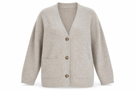Front view of H&M Women Beige Cardigan Medium Wool Blend V-Neck Long Sleeve
