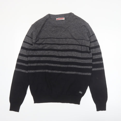 Burnside Mens Grey Striped Cotton Crew Neck Pullover Jumper L