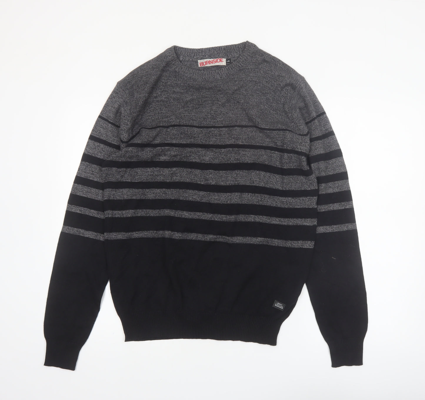 Burnside Mens Grey Striped Cotton Crew Neck Pullover Jumper L