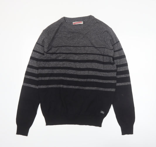 Burnside Mens Grey Striped Cotton Crew Neck Pullover Jumper L