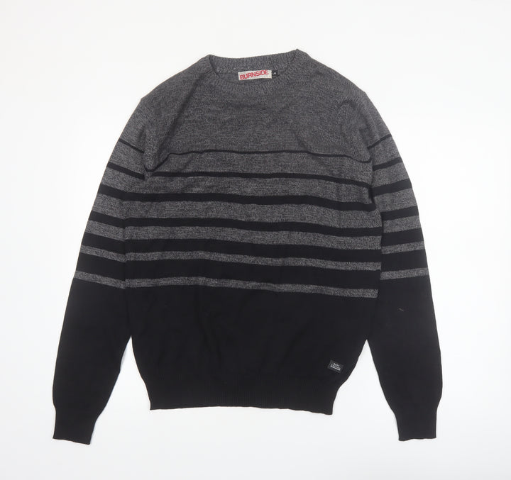 Burnside Mens Grey Striped Cotton Crew Neck Pullover Jumper L