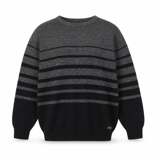 Front view of Burnside men’s grey striped cotton crew neck jumper l