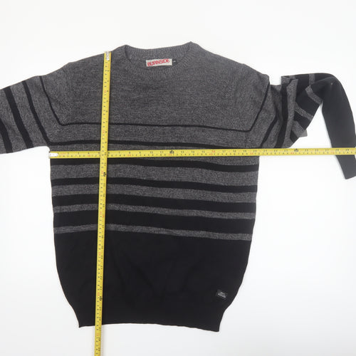 Burnside Mens Grey Striped Cotton Crew Neck Pullover Jumper L