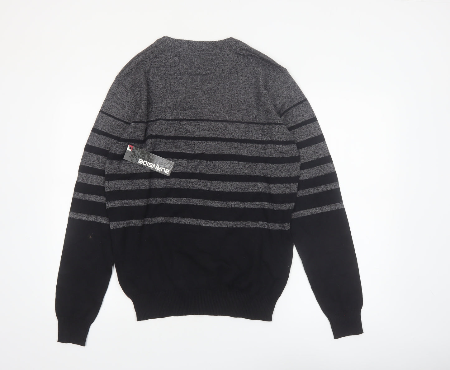 Burnside Mens Grey Striped Cotton Crew Neck Pullover Jumper L