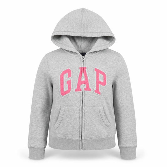 Front view of Gap girls’ grey full zip logo hoodie, size 8-9, years