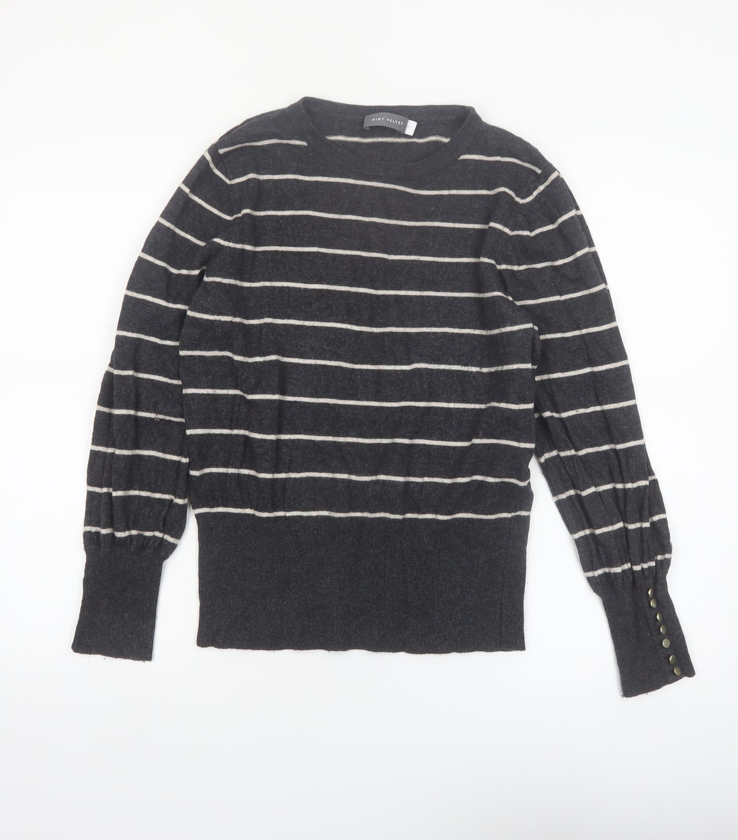 Mint Velvet Women's Grey Striped Crew Neck Long Sleeve Pullover Jumper M