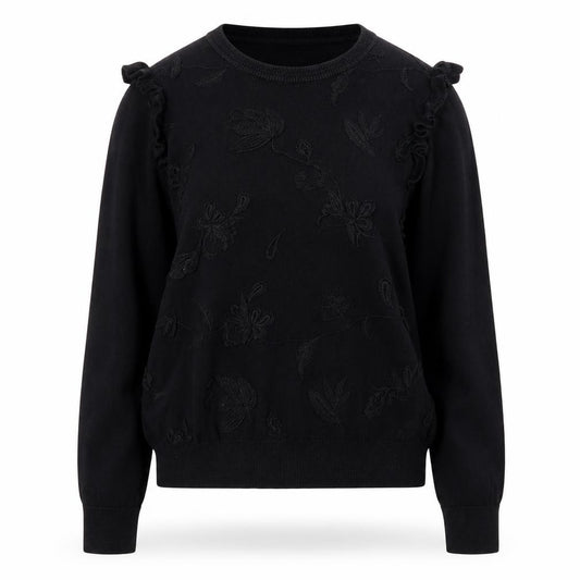Front view of Marks & Spencer Women’s Black Embroidered Floral Cotton Jumper, size UK 14