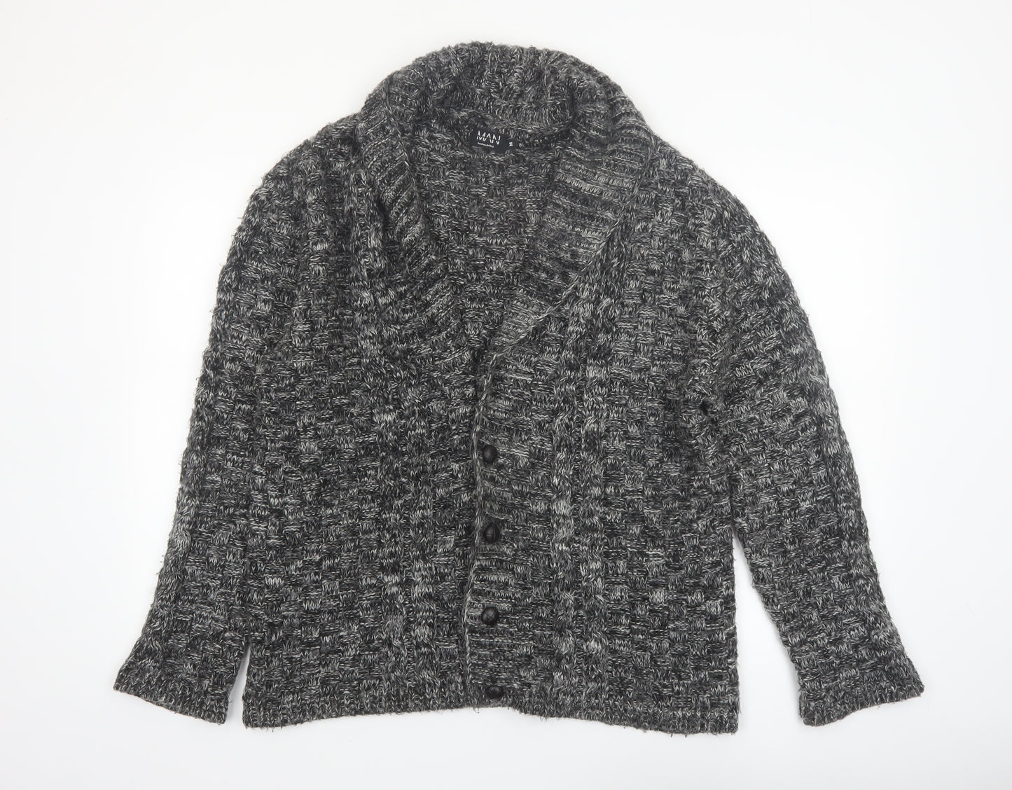 boohooMAN Men's Grey Chunky Knit Shawl Collar Cardigan Size M