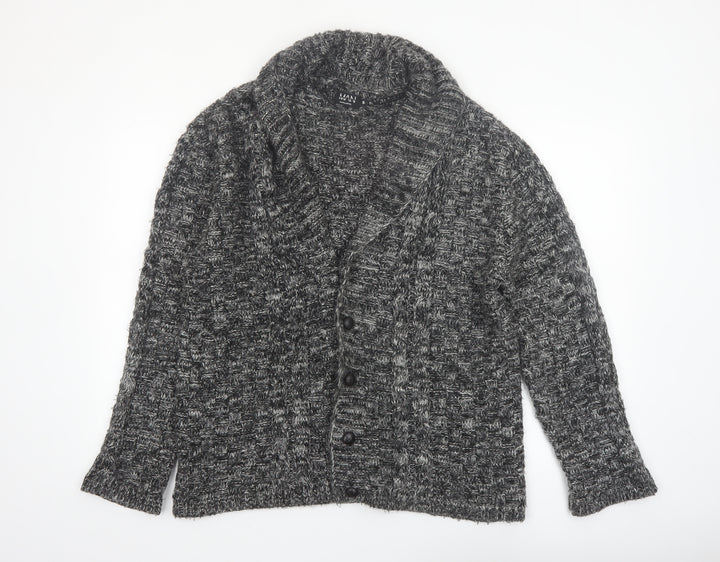 boohooMAN Men's Grey Chunky Knit Shawl Collar Cardigan Size M