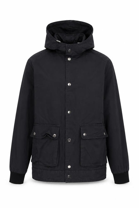 Front view of Burton Menswear London Men's Black Small Hooded Cotton Windbreaker Jacket
