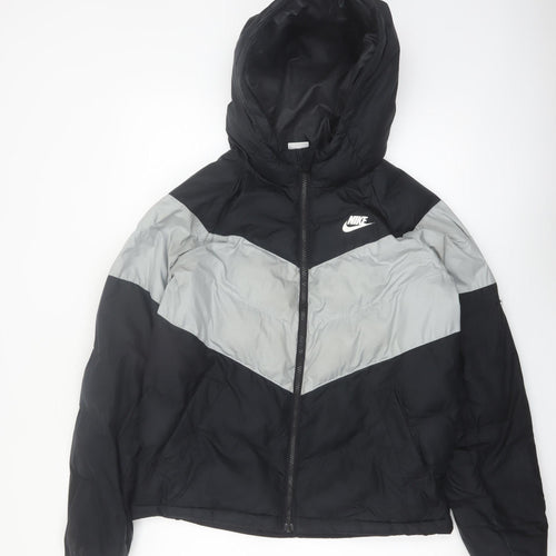 Nike Boys Black Grey Hooded Puffer Jacket XL 158cm Winter Full Zip Coat