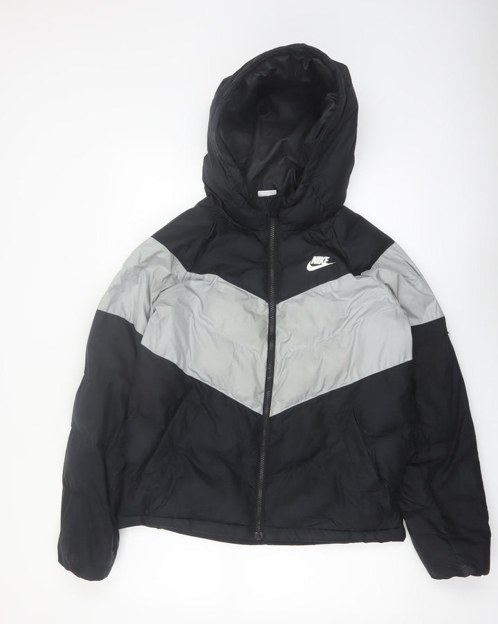 Nike Boys Black Grey Hooded Puffer Jacket XL 158cm Winter Full Zip Coat