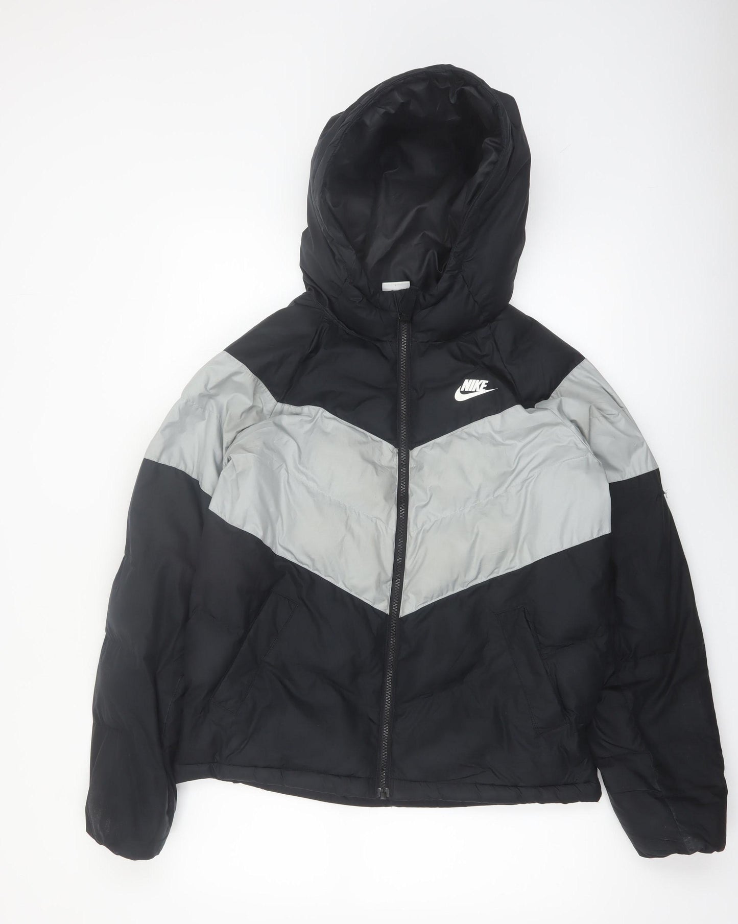 Nike Boys Black Grey Hooded Puffer Jacket XL 158cm Winter Full Zip Coat