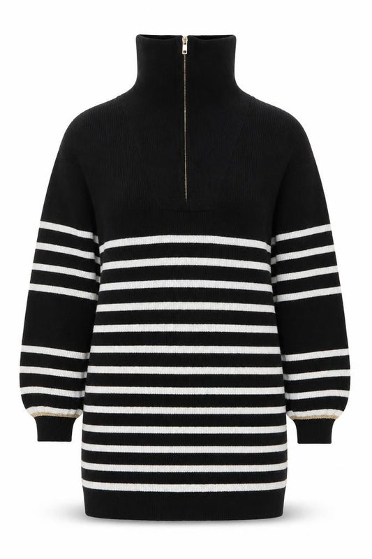 Front view of Oliver Bonas Women’s Black Striped Half Zip High Neck Jumper, size UK 10