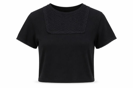 Front view of Topshop Women’s Black Lace Detail Cropped T-Shirt, size UK 10