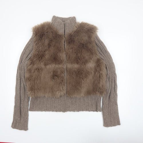 Papaya Women Brown Size 18 Faux Fur Trim Full Zip Knit Jumper