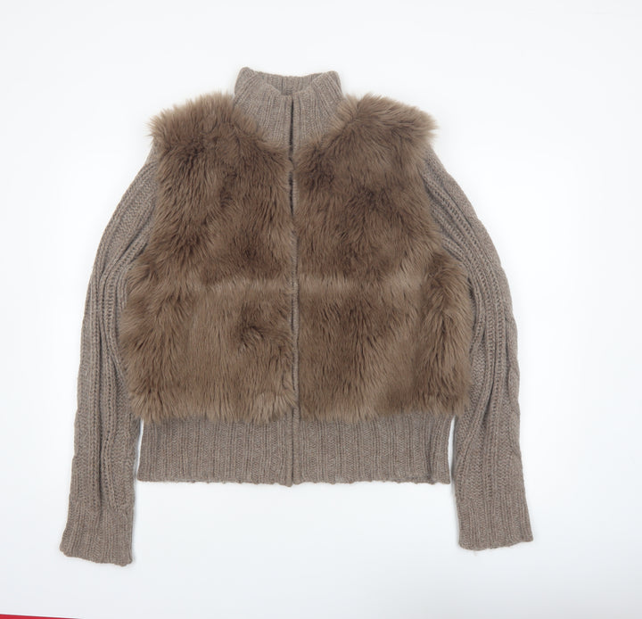 Papaya Women Brown Size 18 Faux Fur Trim Full Zip Knit Jumper
