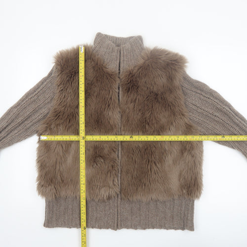 Papaya Women Brown Size 18 Faux Fur Trim Full Zip Knit Jumper
