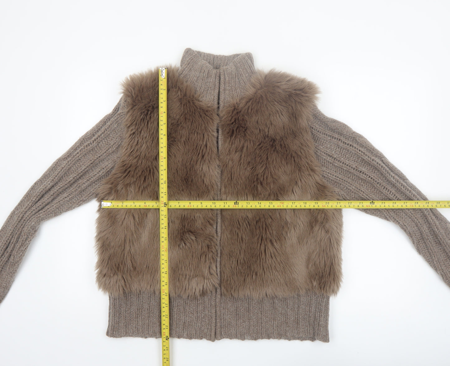 Papaya Women Brown Size 18 Faux Fur Trim Full Zip Knit Jumper