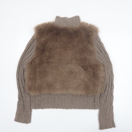 Papaya Women Brown Size 18 Faux Fur Trim Full Zip Knit Jumper