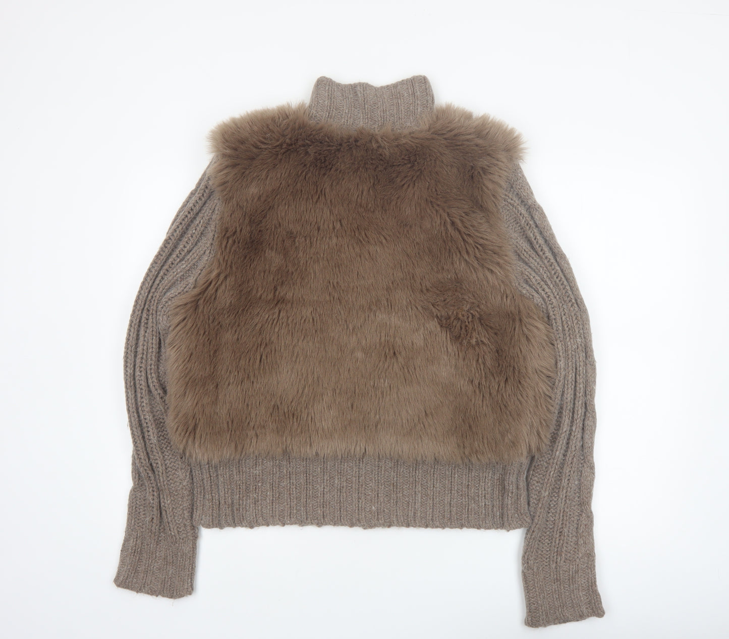 Papaya Women Brown Size 18 Faux Fur Trim Full Zip Knit Jumper