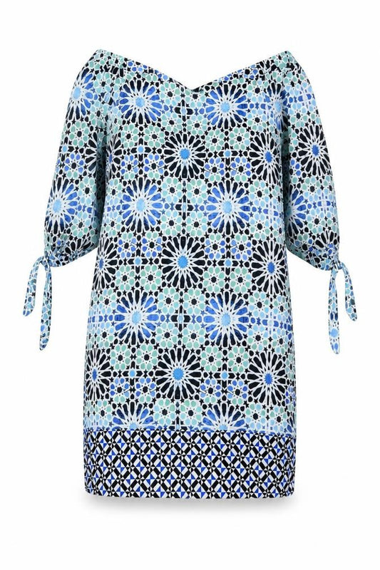 Front view of Wallis Women Blue Geometric Off Shoulder Shift Dress, size 10