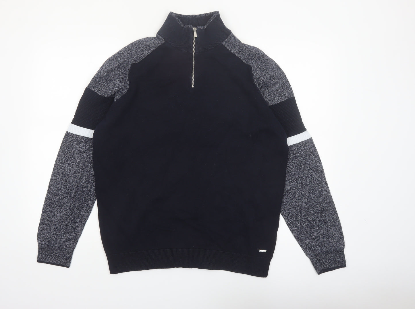 Next Men's Black XL 1/4 Zip High Neck Cotton Jumper