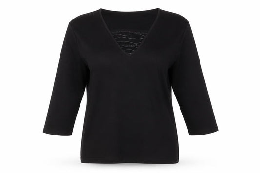 Front view of TIGI Women’s Black V-Neck 3/4 Sleeve jumper, size UK 10